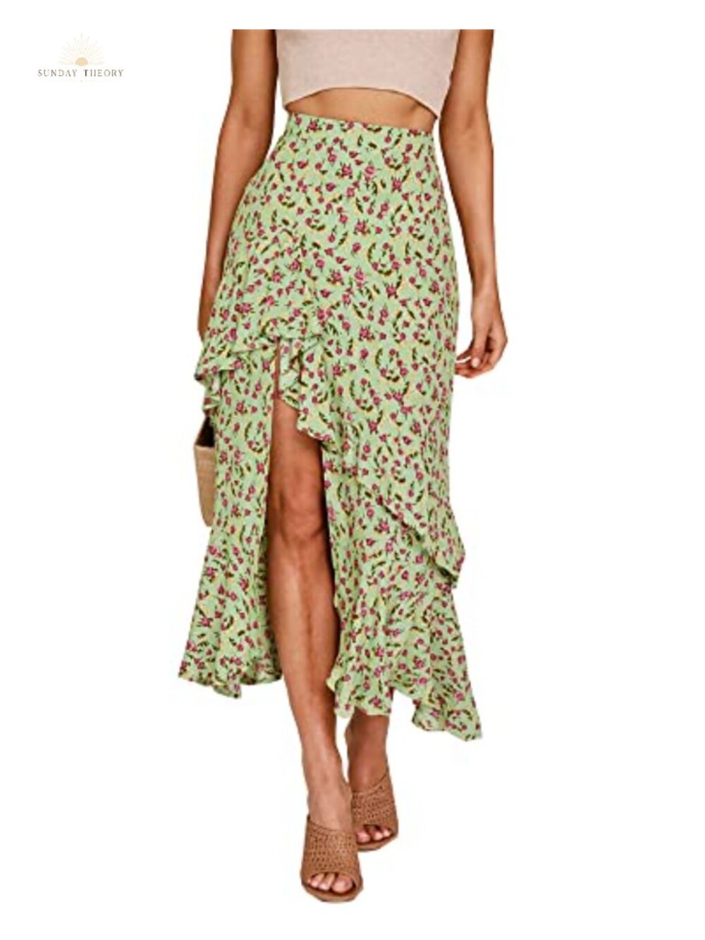 Boho High Low Floral Maxi Skirt Ruffle High Split A-Line Casual